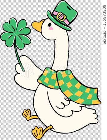 Cute Silly Goose St. Patrick day Wearing Leprechaun with Clover Lucky Leaf Hand Drawn Cute Silly Goose St. Patrick day Wearing Leprechaun with Clover Lucky Leaf Hand Drawn 135973808