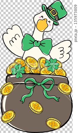 Cute Silly Goose St. Patrick day Wearing Leprechaun in Pot of Gold Coin Hand Drawn Cute Silly Goose St. Patrick day Wearing Leprechaun in Pot of Gold Coin Hand Drawn 135973809