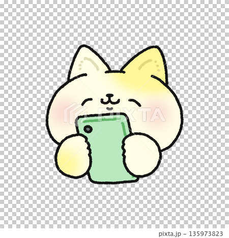 Smiling cat looking at smartphone 135973823
