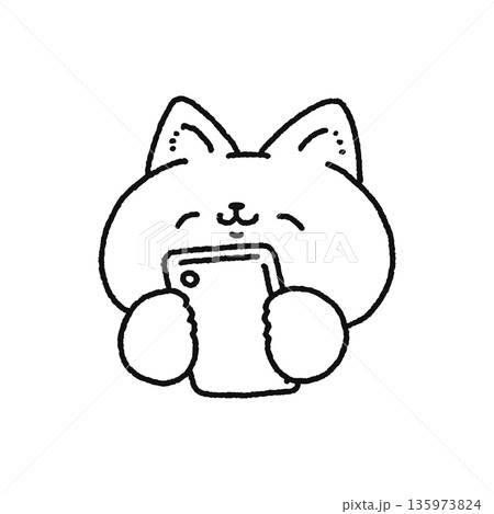 笑顔でスマホを見るネコ 線画 笑顔でスマホを見るネコ 線画 135973824