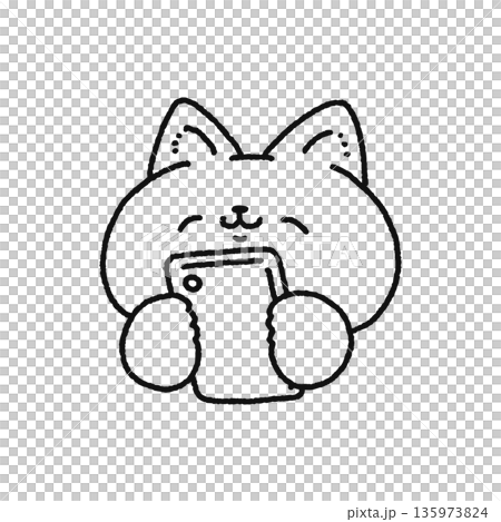 笑顔でスマホを見るネコ 線画 笑顔でスマホを見るネコ 線画 135973824