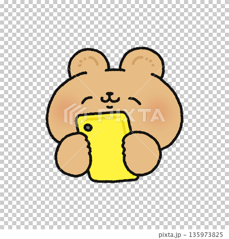 Smiling bear looking at smartphone 135973825