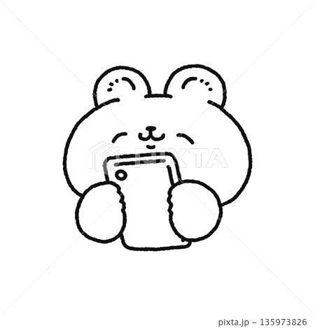 笑顔でスマホを見るクマ 線画 笑顔でスマホを見るクマ 線画 135973826