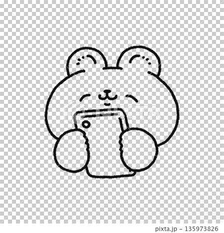 笑顔でスマホを見るクマ 線画 笑顔でスマホを見るクマ 線画 135973826