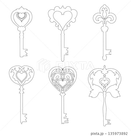 Set of heart-shaped key outline illustrations. Elegant line art style for coloring pages, laser cutting, engraving Set of heart-shaped key outline illustrations. Elegant line art style for coloring pages, laser cutting, engraving 135973892