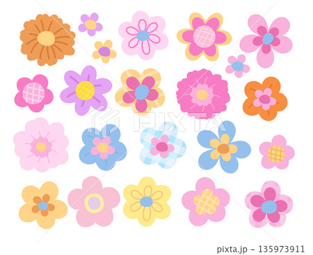 Various colourful flower designs for spring and summer, fabric print, floral pattern, textile, nature, garden, plants, tree, icon, decorations, tattoo, cute patch, shirt print, pin, brooch, stickers Various colourful flower designs for spring and summer, fabric print, floral pattern, textile, nature, garden, plants, tree, icon, decorations, tattoo, cute patch, shirt print, pin, brooch, stickers 135973911