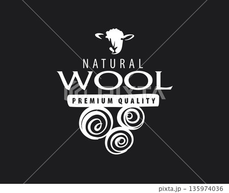 Natural fiber inspired emblem with sustainable branding elements. Elegant monochrome emblem featuring sheep silhouette and vintage textile decoration 135974036