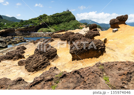 Beautiful view of the Yehliu Geopark. Yehliu is a cape located in Wanli, New Taipei City, Taiwan. 135974046