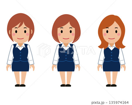 両手を下ろし、すまし顔のネイビー事務服の若い女性 135974164