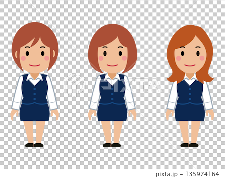 両手を下ろし、すまし顔のネイビー事務服の若い女性 135974164