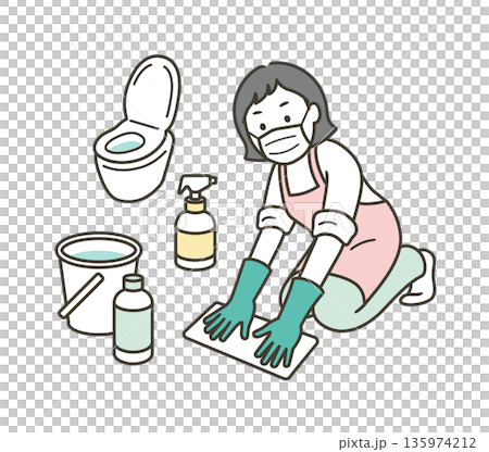 Full-body illustration of a housewife cleaning the toilet and taking disinfection measures Full-body illustration of a housewife cleaning the toilet and taking disinfection measures 135974212