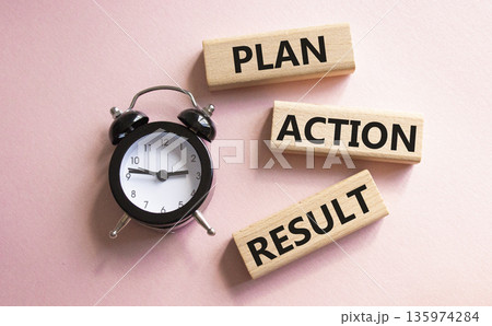 Plan Action Result symbol. Concept words Plan Action Result on wooden blocks. Beautiful pink background with alarm clock. Business concept and Plan Action Result. Copy space. Plan Action Result symbol. Concept words Plan Action Result on wooden blocks. Beautiful pink background with alarm clock. Business concept and Plan Action Result. Copy space. 135974284