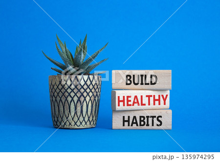 Healthy habits symbol. Concept word Build Healthy habits on wooden blocks with succulent. Beautiful blue background. Healthy lifestyle and Healthy habits concept. Copy space 135974295