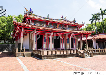 View of the Confucius Temple in Hsinchu City, Taiwan. This is a historic heritage site featuring a Chinese-style building that is over a hundred years old. 135974330