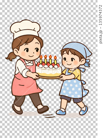 ロウソクをつけたケーキを一緒に運んでいる女性パティシエとエプロン姿の男の子 135974372