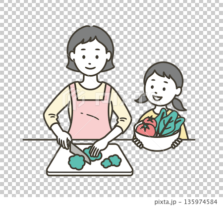 一幅描繪母親切菜和女孩幫忙的上半身插圖。 135974584