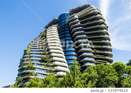 View of the Tao Zhu Yin Yuan building in Xinyi, Taipei, Taiwan, also known as Agora Garden. Its shape is modeled after the DNA double helix structure. 135974610