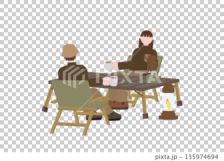 キャンプでコーヒーを楽しんでいる男女のイラスト キャンプでコーヒーを楽しんでいる男女のイラスト 135974694