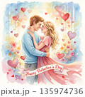 Watercolor illustration of a couple embracing, surrounded by pink and red hearts. The woman wears a flowing pink dress and the man a light blue sweater 135974736