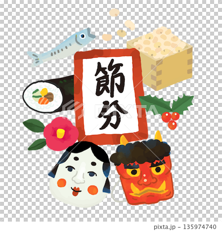 かわいい節分の手描きの集合タイトルイラスト かわいい節分の手描きの集合タイトルイラスト 135974740