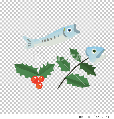 Cute Setsubun hand drawn illustration of sardines and holly decorations Cute Setsubun hand drawn illustration of sardines and holly decorations 135974741