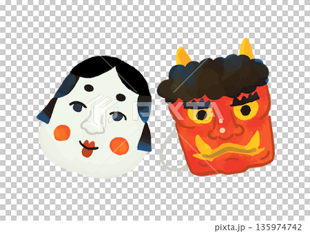 可愛的節分手繪惡魔與龜面具插圖 135974742