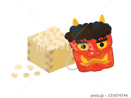 かわいい節分の手描きのお豆と鬼のお面イラスト かわいい節分の手描きのお豆と鬼のお面イラスト 135974744