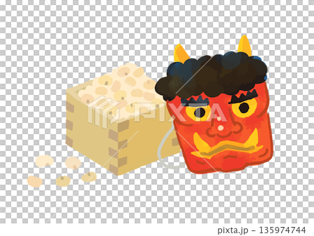 可愛的節分手繪豆子和惡魔面具插圖 135974744