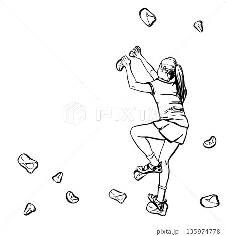 Teenager girl climbing on indoor bouldering rock wall. Hand drawn black and white vector black line art drawing illustration for extreme adventure activity sport, fitness. Isolated from background 135974778