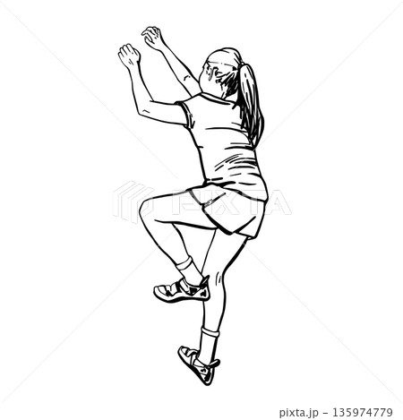 Teenage Girl bouldering on climbing wall without rope. Line Art vector drawing young woman make extreme sport of rock climbing without safety equipment. Illustration for indoor climbing gyms, posters 135974779