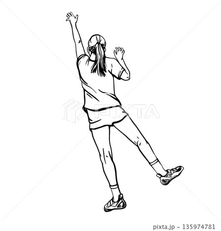 Teenager girl climbing on indoor bouldering rock wall. Hand drawn black and white vector black line art drawing illustration for extreme adventure activity sport, fitness. Isolated from background 135974781