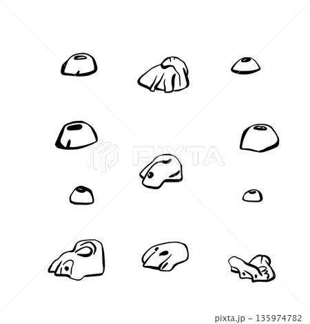 Climbing grips, holds set of different shapes for bouldering wall. Stones for indoor rock climbing in the gym. Vector drawing line art illustration isolated from background for extreme sports clipart Climbing grips, holds set of different shapes for bouldering wall. Stones for indoor rock climbing in the gym. Vector drawing line art illustration isolated from background for extreme sports clipart 135974782