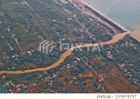 view from the sky of the river landscape and settlements 135974787