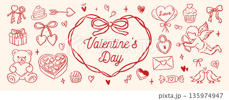 手描き風バレンタインデーモチーフ素材セット 135974947