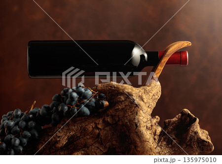 Unopened bottle of red wine, blue grapes, and weathered snag. 135975010