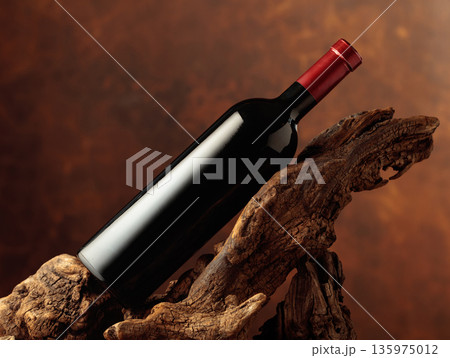 Unopened bottle of red wine and weathered snag. 135975012