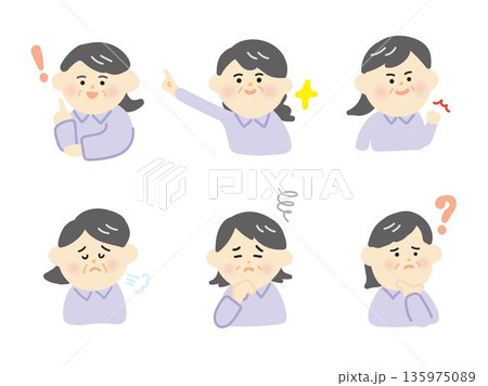 いろいろな表情のおばあさん 135975089