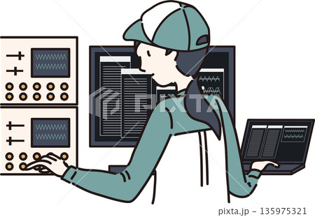 工業系データ管理をする作業服を着た女性のイラスト　帽子あり 135975321