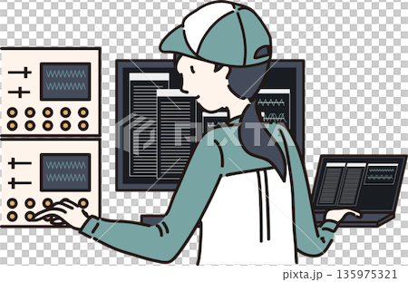 工業系データ管理をする作業服を着た女性のイラスト　帽子あり 135975321