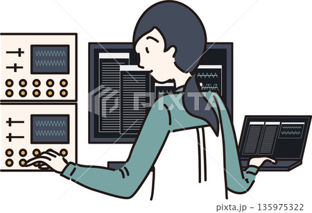 工業系データ管理をする作業服を着た女性のイラスト 135975322