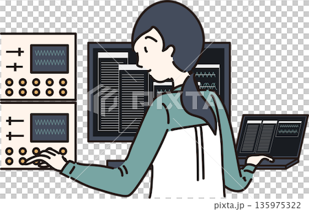 工業系データ管理をする作業服を着た女性のイラスト 135975322