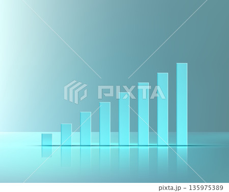 3D business growth bar graph with glowing blue pillars on reflective teal background symbolizing financial success and upward progress 3D business growth bar graph with glowing blue pillars on reflective teal background symbolizing financial success and upward progress 135975389