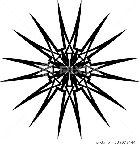 Symmetrical Black Geometric Starburst Icon Featuring Sharp Pointed Rays and Abstract Minimalist Linear Design Isolated for Modern Branding and Logos 135975444