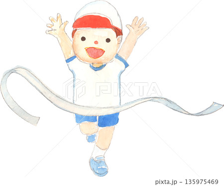 走ってゴールテープをきる男の子のイラスト　ベクター 135975469