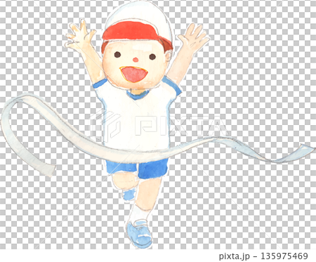 走ってゴールテープをきる男の子のイラスト　ベクター 135975469