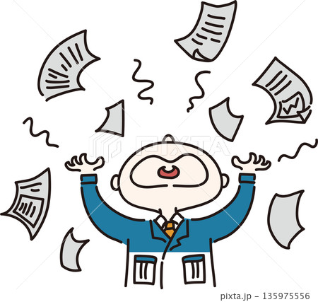 仕事が多くて躍起になる男性のイラスト 青色の制服 仕事が多くて躍起になる男性のイラスト 青色の制服 135975556