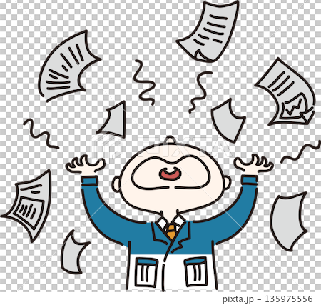 仕事が多くて躍起になる男性のイラスト 青色の制服 仕事が多くて躍起になる男性のイラスト 青色の制服 135975556