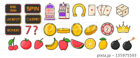Gambling icon set. Pixel art object in 8 bit style. Jackpot, coins, dice, playing cards, fruits, horseshoe, crown, bomb. 135975593