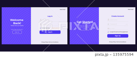 Register and login page layout with email and password fields. User authentication forms for website. 135975594
