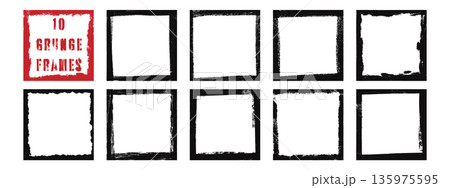 Grunge square photo frames set. Distressed black borders with rough edges. Vintage dirty texture frame collection for posters and social media. Grunge square photo frames set. Distressed black borders with rough edges. Vintage dirty texture frame collection for posters and social media. 135975595